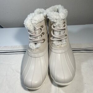 Sperry Women's Beige White Ankle Duck Boot Faux Fur Lace Up STS87059 Size 10
